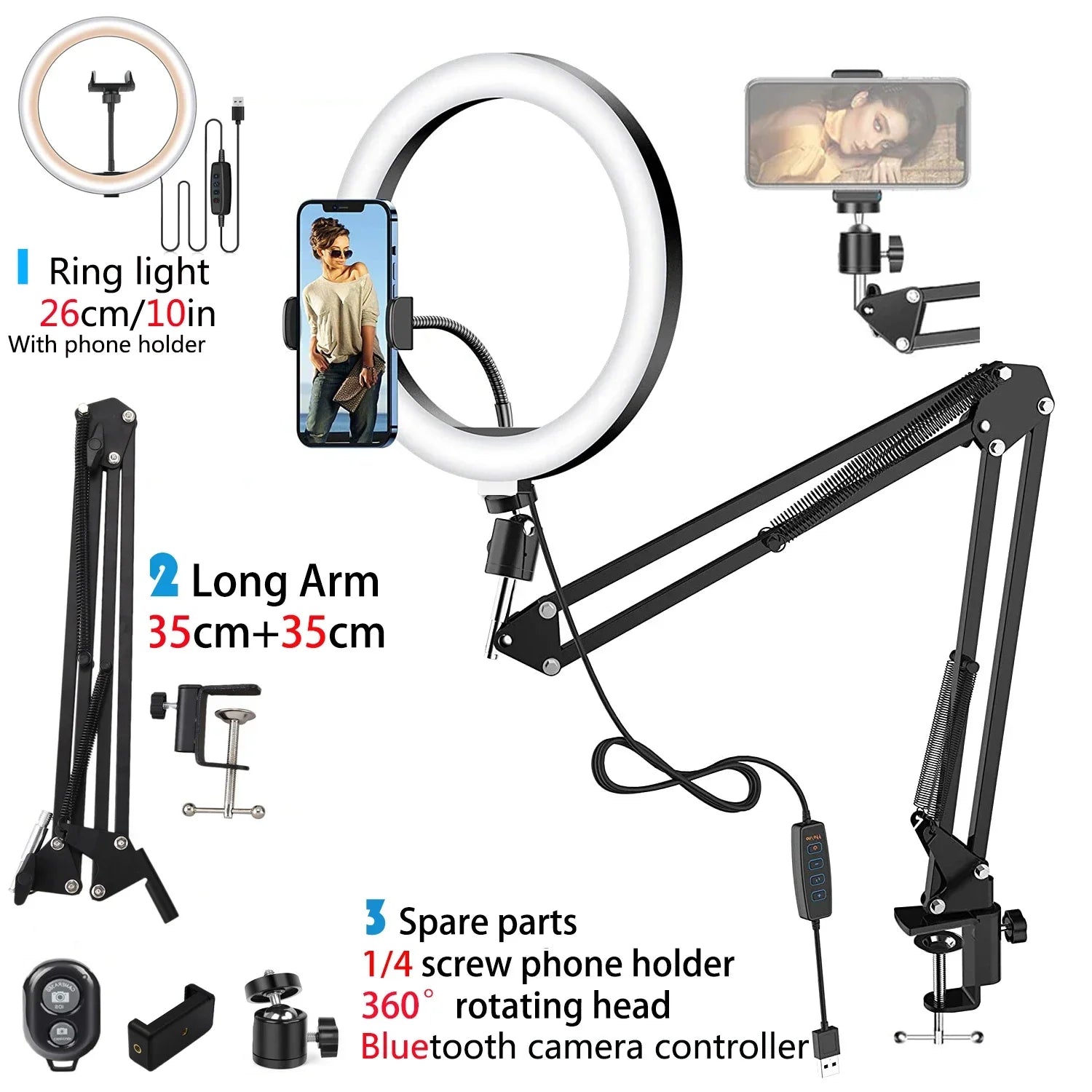 LED Selfie Ring Light Phone Stand With Folding Arm Circle Fill Light Dimmable Tripod Photography RingLight For YouTobe Streaming