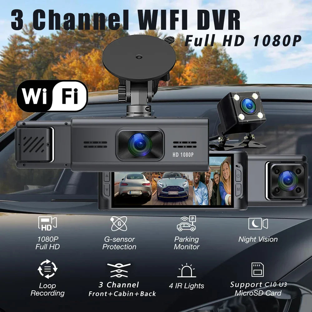 Wifi 3 Channel Car DVR 1080P Dash Camera Three Lens Dashcam Vehicle Video Dash Cam Drive Recorder Interior Mini Dvrs Black Box