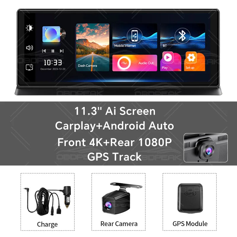 K2 Pro 11.3" Car DVR 4K Camera Wireless Carplay Android auto Ai Screen Dash Cam Dual Len Video Recorder GPS Navigation Dashboard