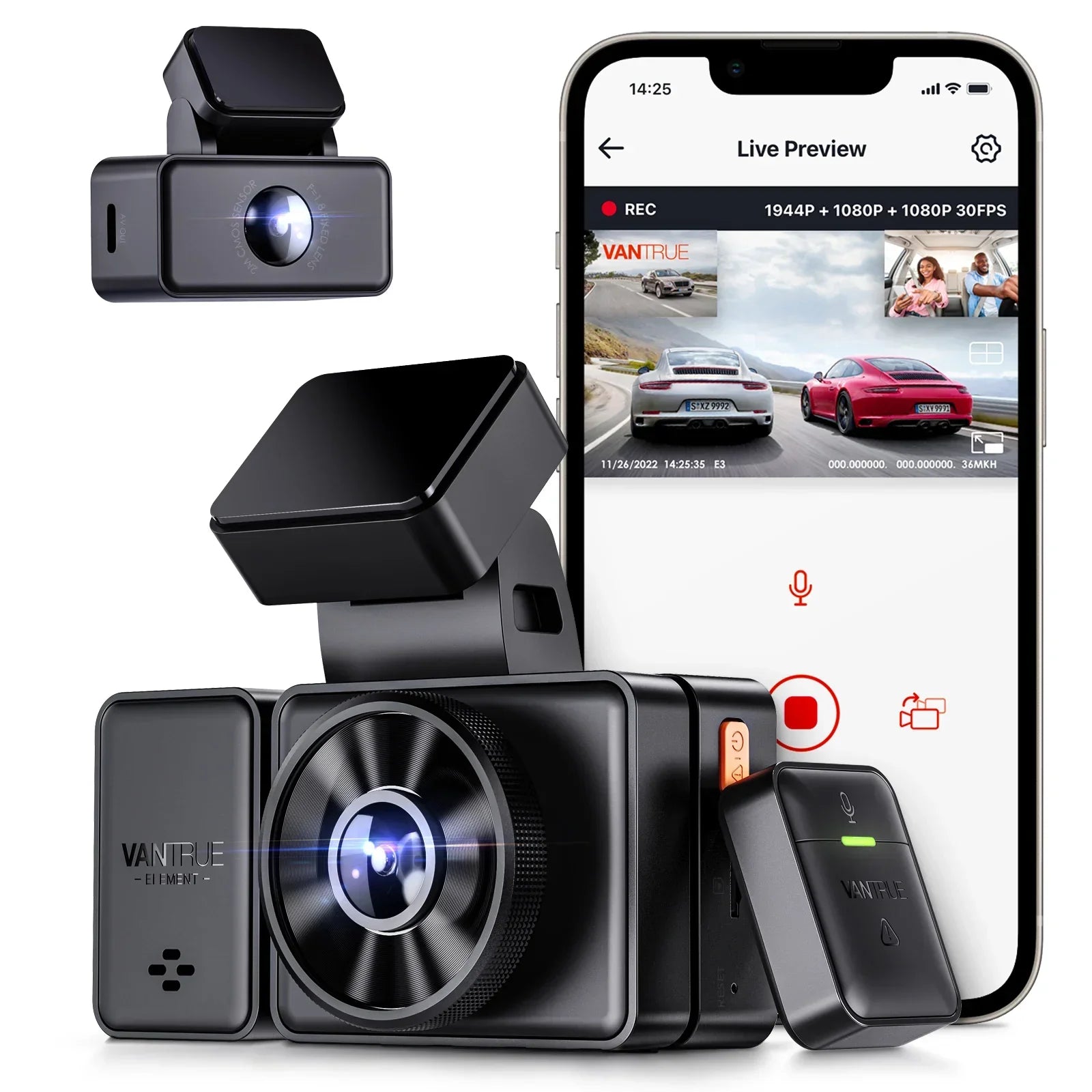 Vantrue E3 3 Channel 2.7K WiFi Dash Cam for Cars, GPS Dash Camera with STARVIS IR Night Vision, Voice Control, 24h Parking Mode