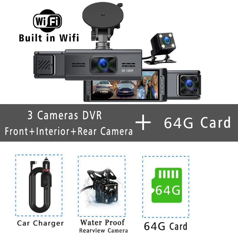 Wifi 3 Channel Car DVR 1080P Dash Camera Three Lens Dashcam Vehicle Video Dash Cam Drive Recorder Interior Mini Dvrs Black Box