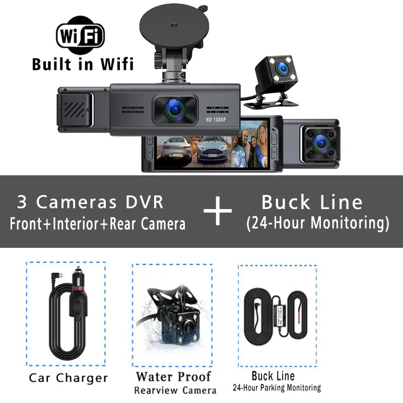 Wifi 3 Channel Car DVR 1080P Dash Camera Three Lens Dashcam Vehicle Video Dash Cam Drive Recorder Interior Mini Dvrs Black Box