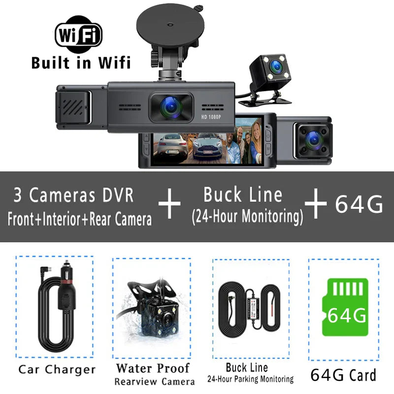 Wifi 3 Channel Car DVR 1080P Dash Camera Three Lens Dashcam Vehicle Video Dash Cam Drive Recorder Interior Mini Dvrs Black Box