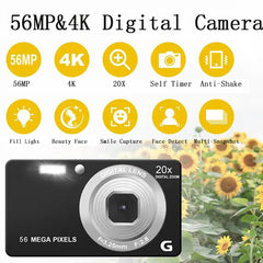 HD Digital Video Camera 2.7 Inch LCD Compact Camera 4K 56MP 56 Million Pixel Anti-Shake 20x Zoom for Photography and Video